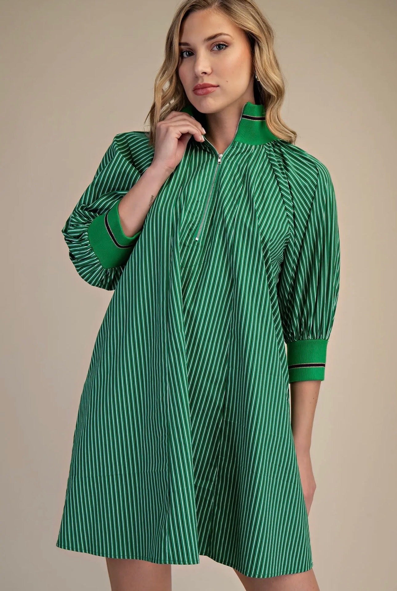 Mock Neck band Puff Sleeve Dress Kelly green