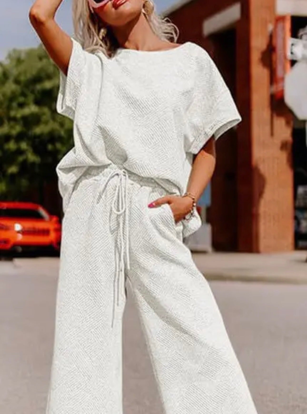 White Textured Top Wide-Leg pant set