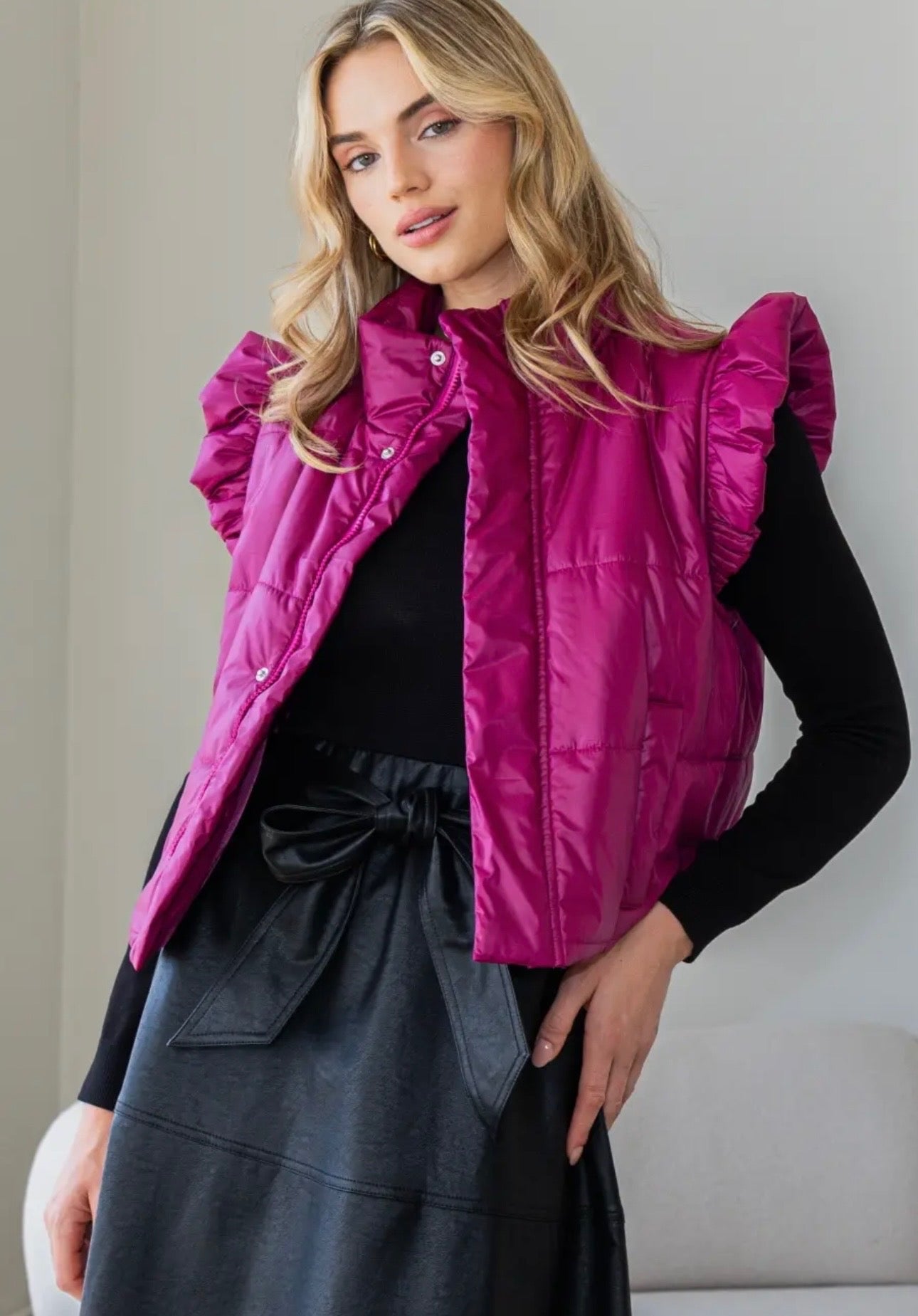 Plus Puffer Vest With Shoulder Ruffle