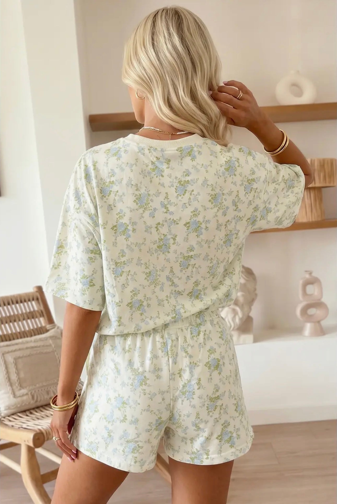 Floral Print Oversized Tee Elastic Waist Short Set