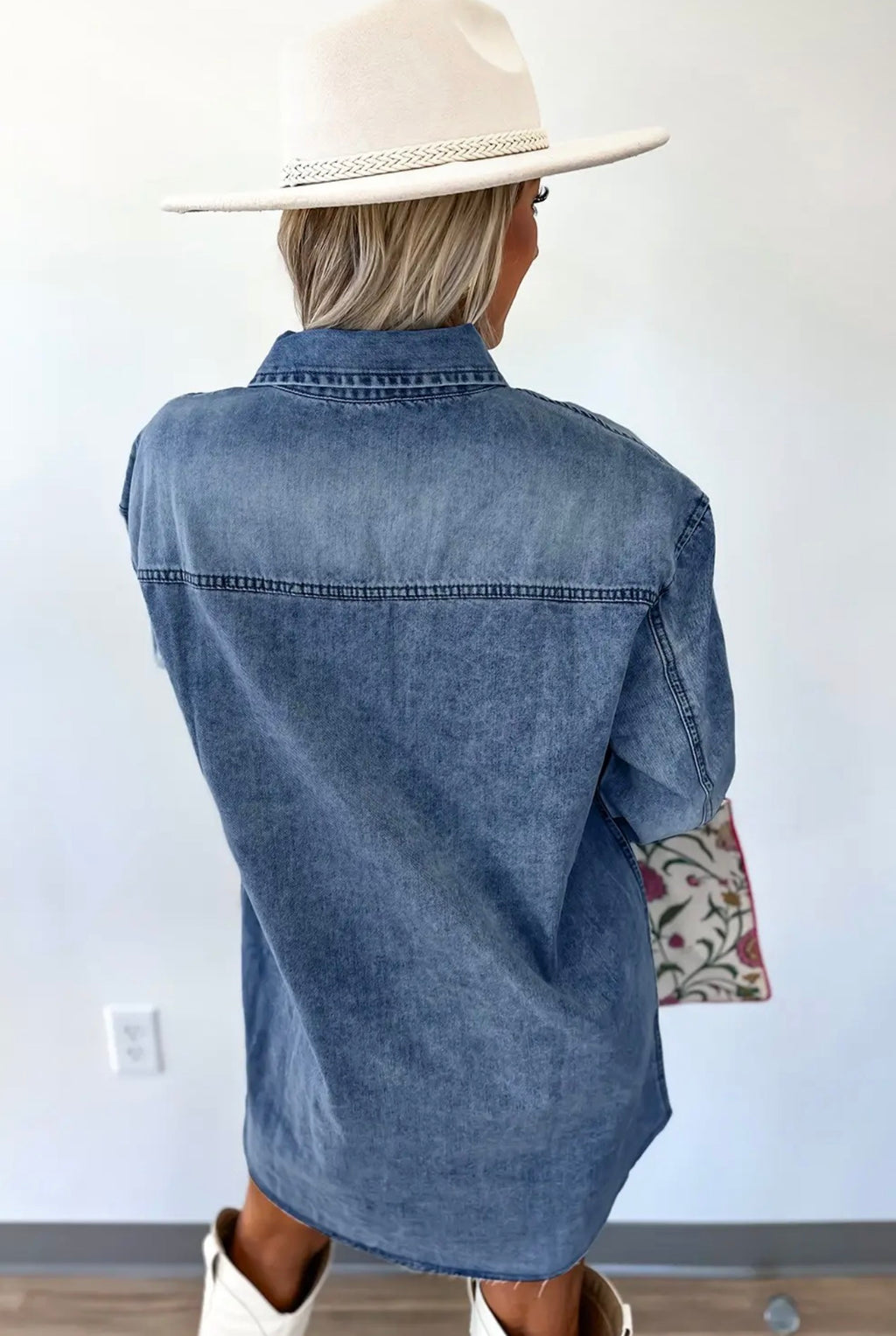 Chest Pocket Raw Hem Denim Loose Dress