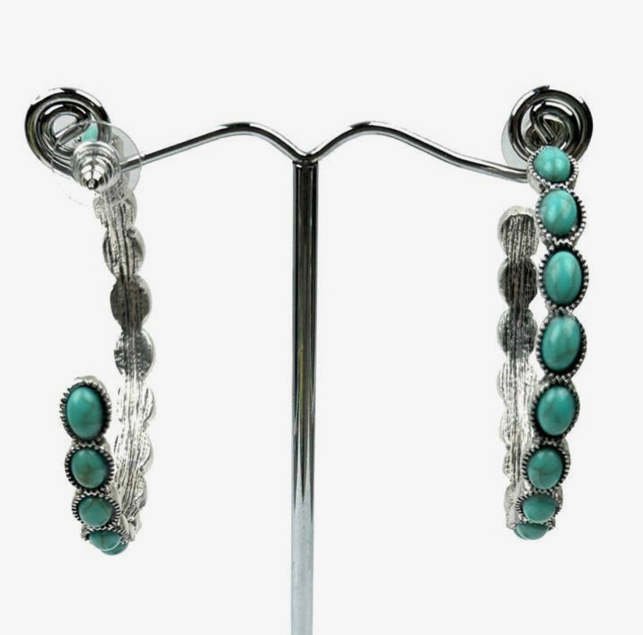 Blue Silver Metal With Blue turquoise Stone Hoops Earrings