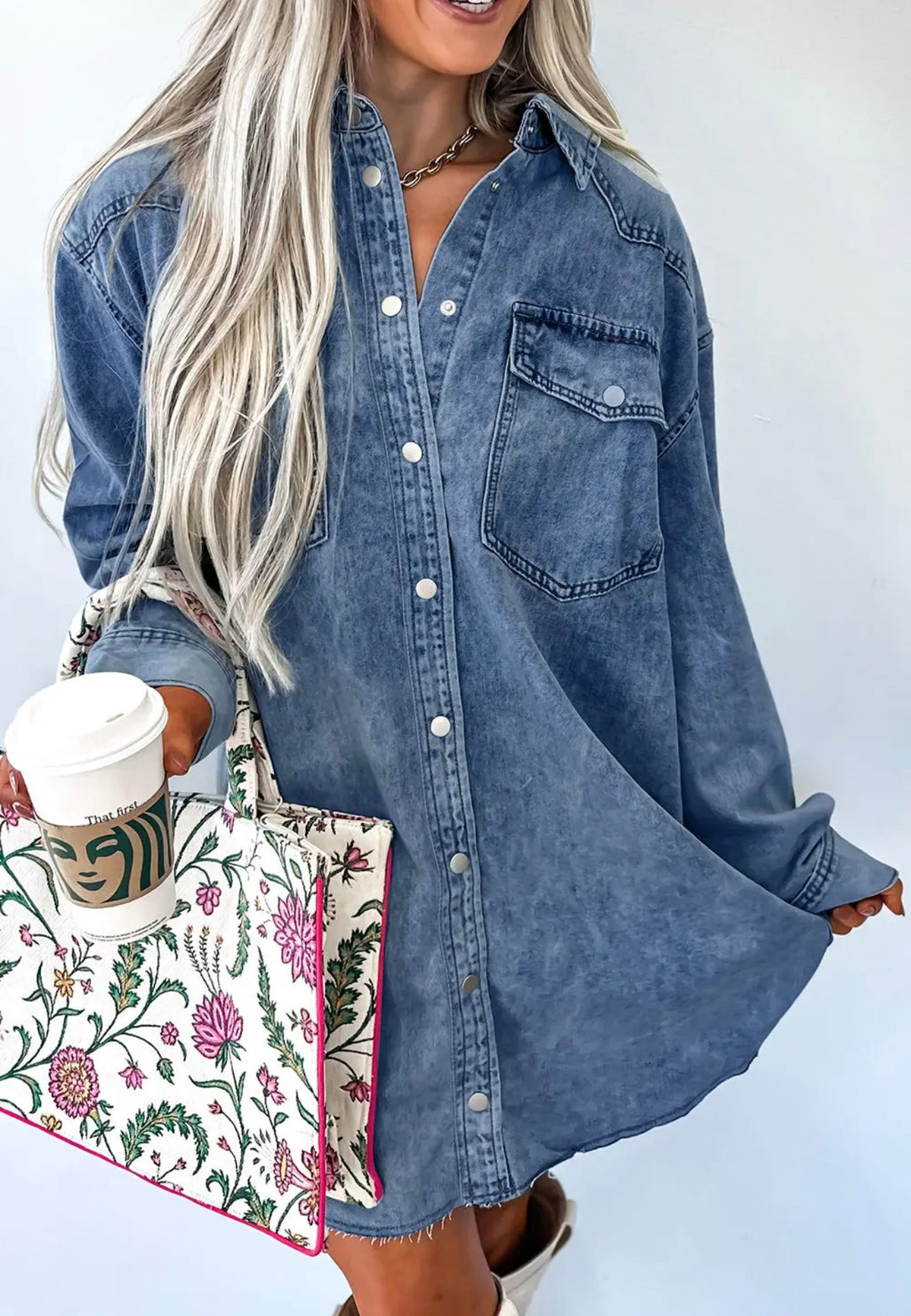 Chest Pocket Raw Hem Denim Loose Dress