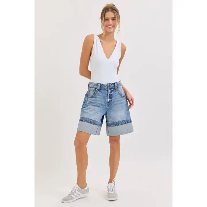 Mid-Waist Bermuda Cuff Denim Short