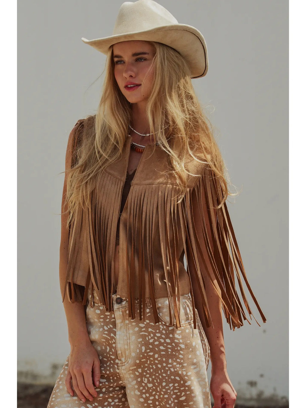 Western Faux Suede Fringe Open Jacket Vest