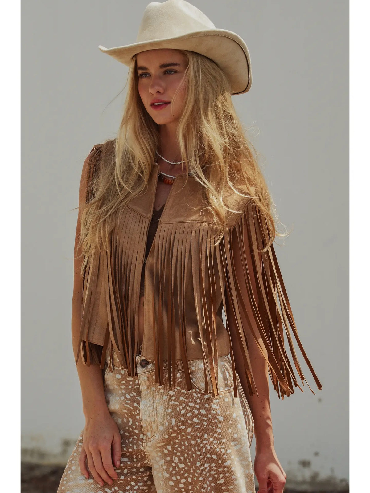 Western Faux Suede Fringe Open Jacket Vest