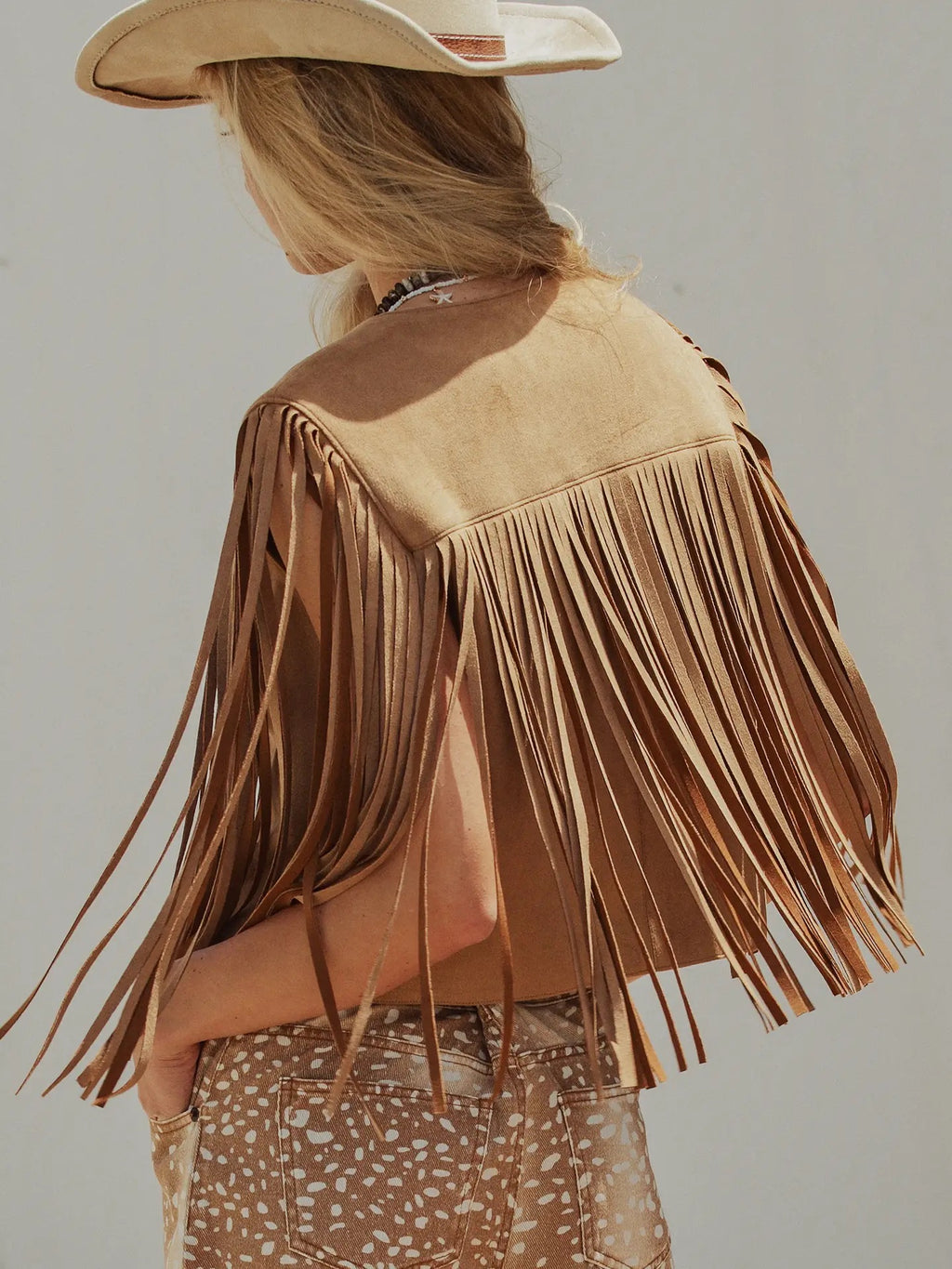 Western Faux Suede Fringe Open Jacket Vest