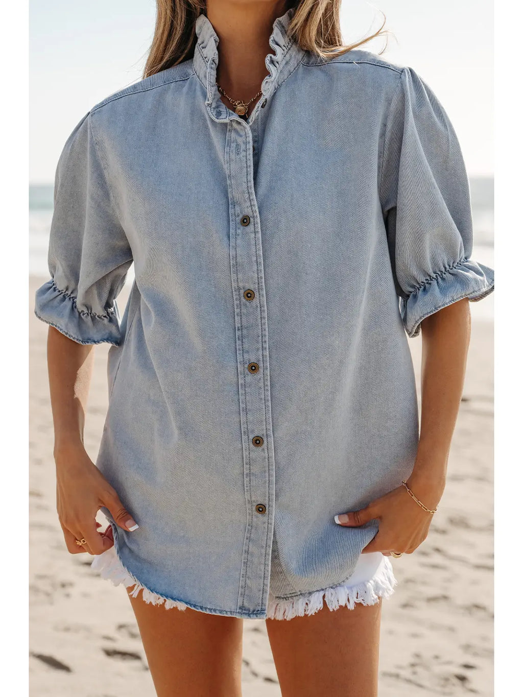 Ruffle Short Puff Sleeve Chambray Denim Shirt