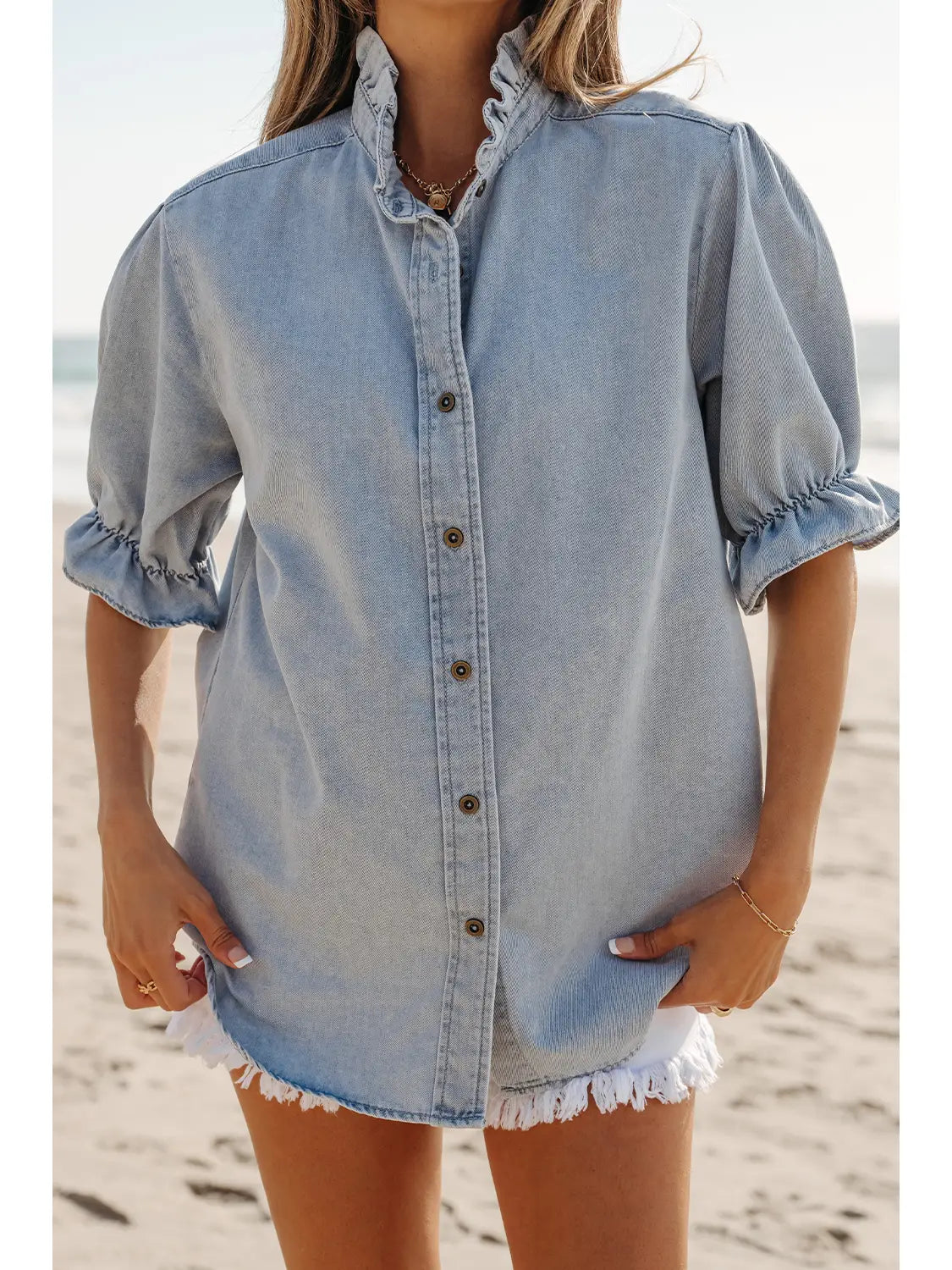 Ruffle Short Puff Sleeve Chambray Denim Shirt