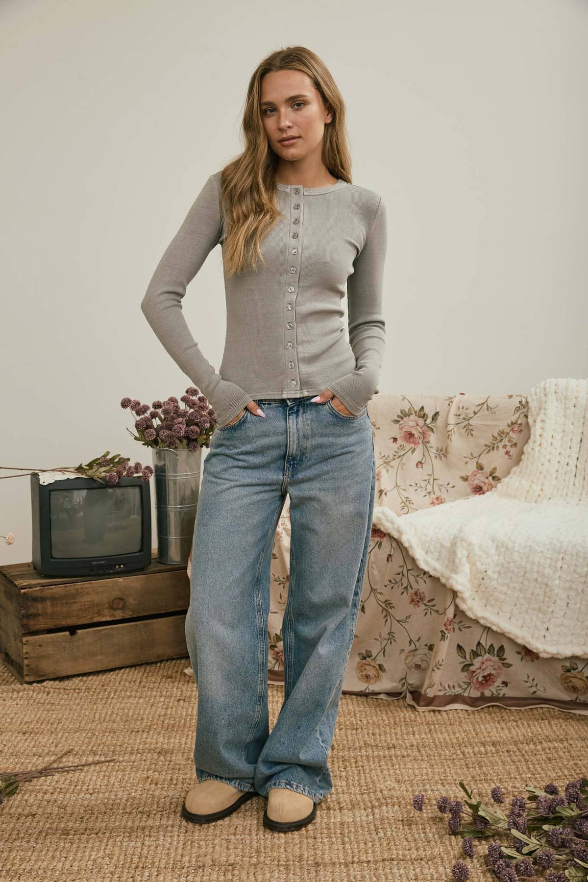 Round Neck Button Top