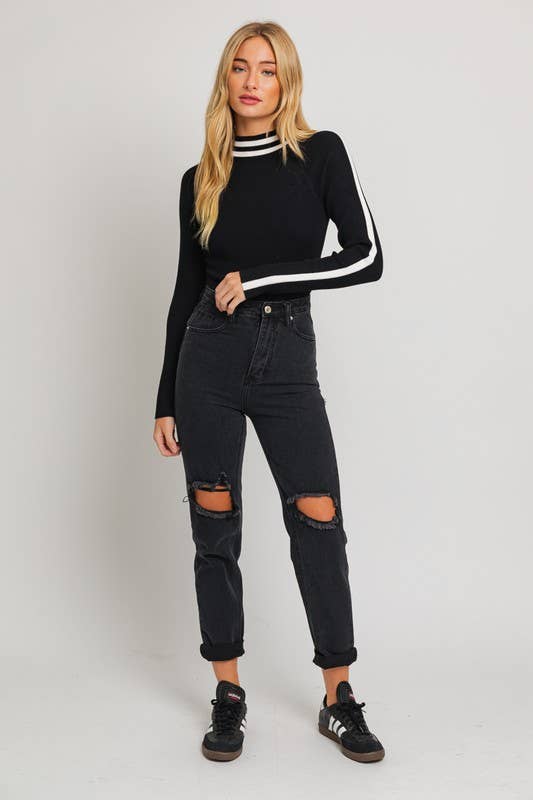 Mock Neck Long Sleeve Stripe Ribbed Bodysuit