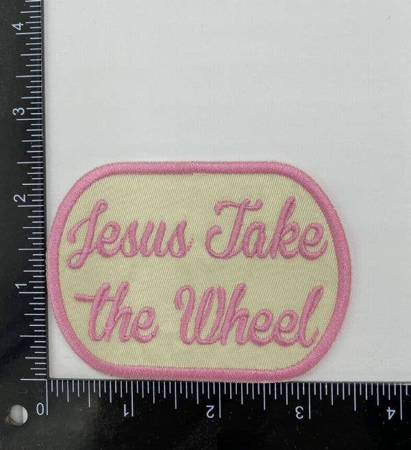 Jesus Take the Wheel, Pink and Cream, Iron on Patch