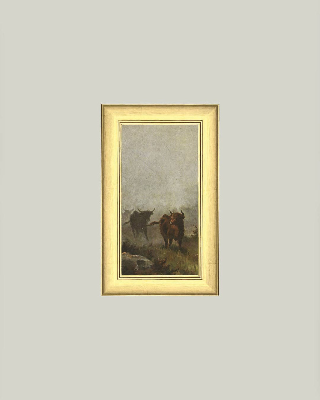 Bulls in a Misty Morning Framed Antique Art