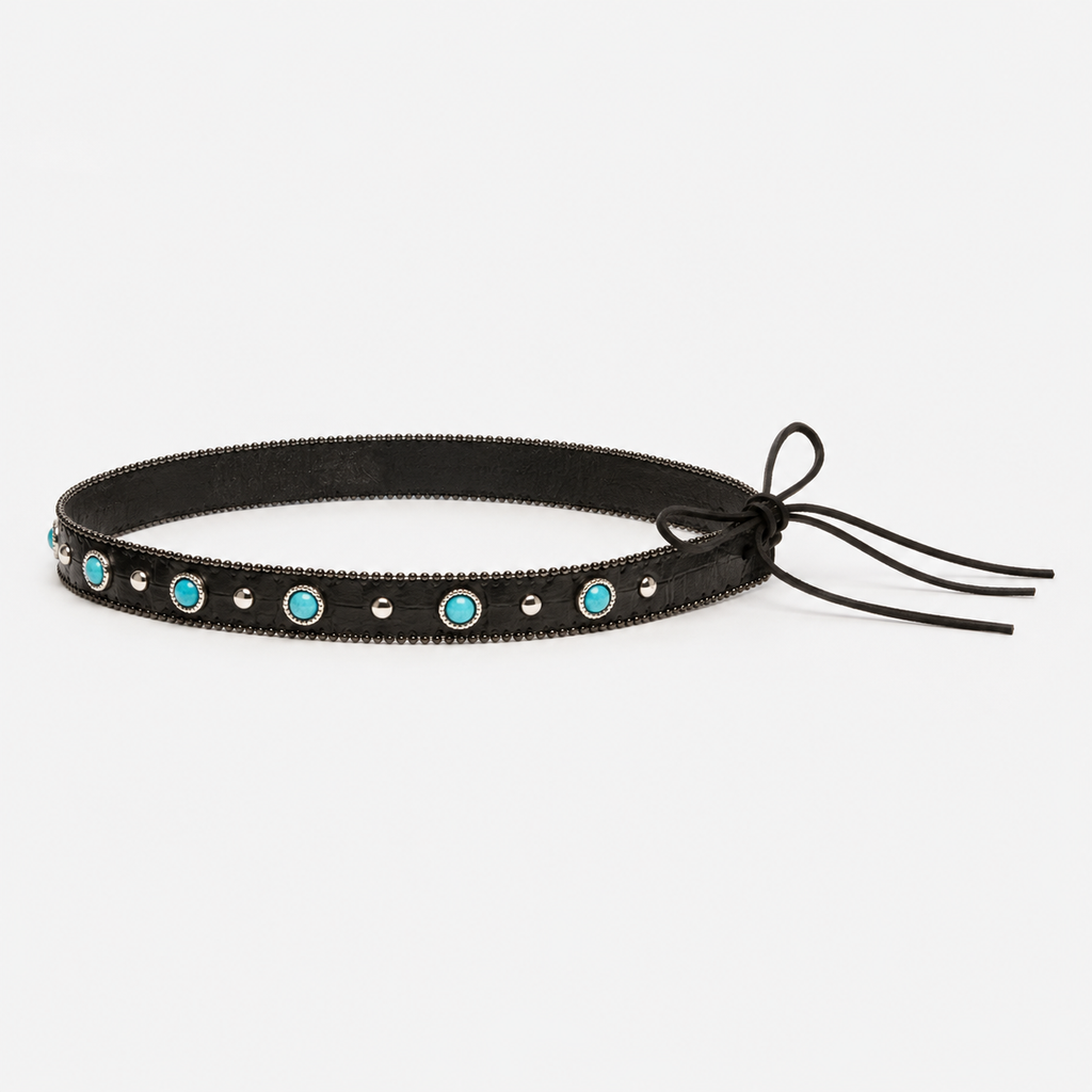 Black Vegan Leather Hat Band with Turquoise Stones