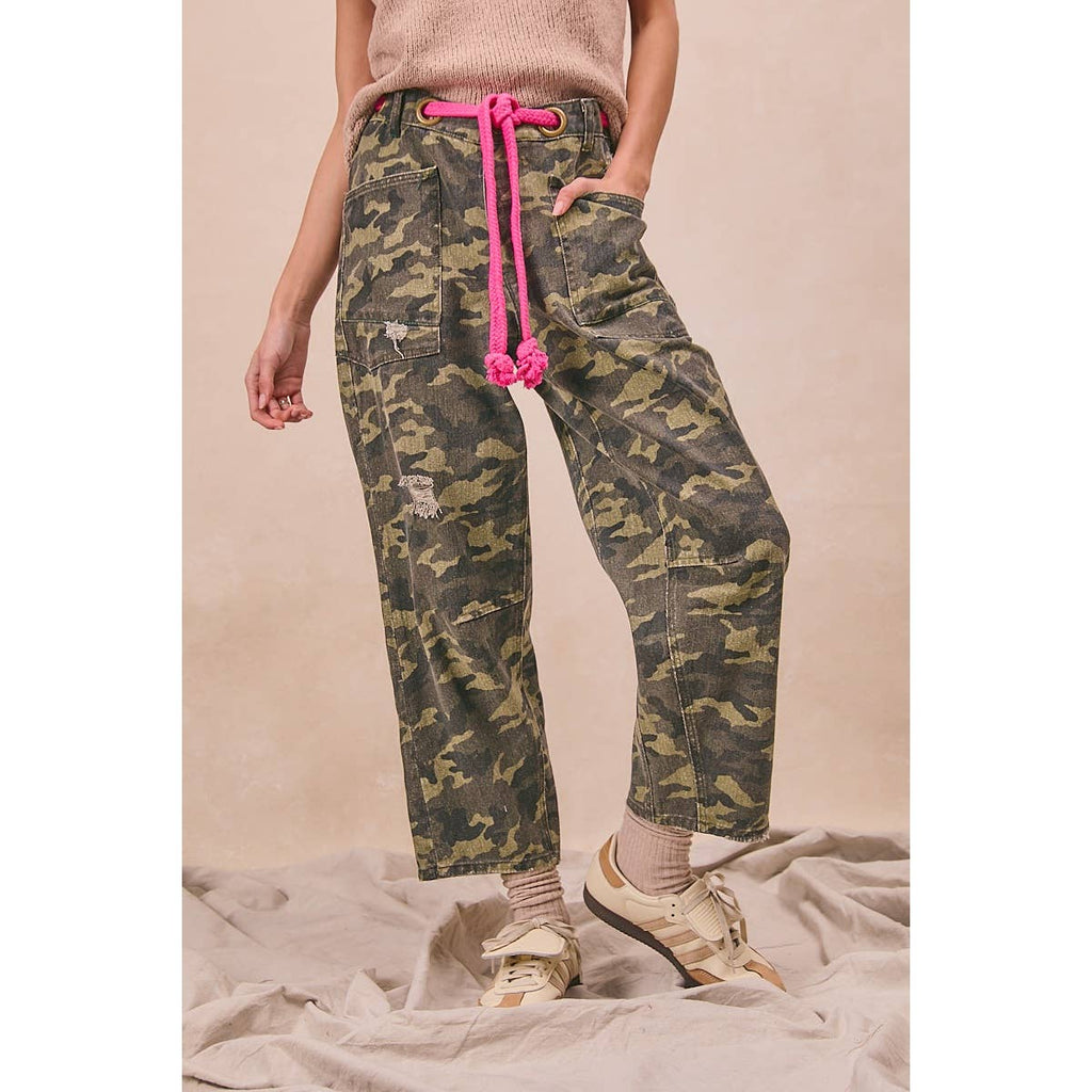 BRAIDED WAIST BELT PATCH CAMOUFLAGE PRINT PANTS