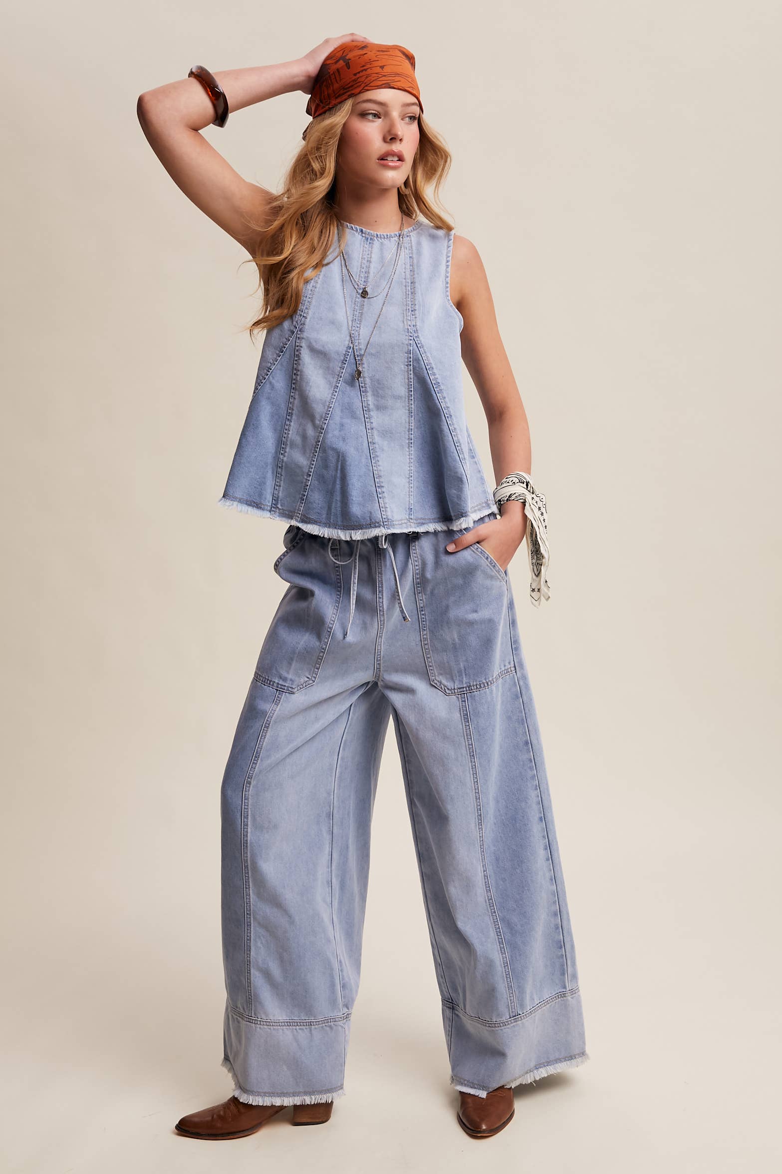 Washed Denim Wide-Leg Pants