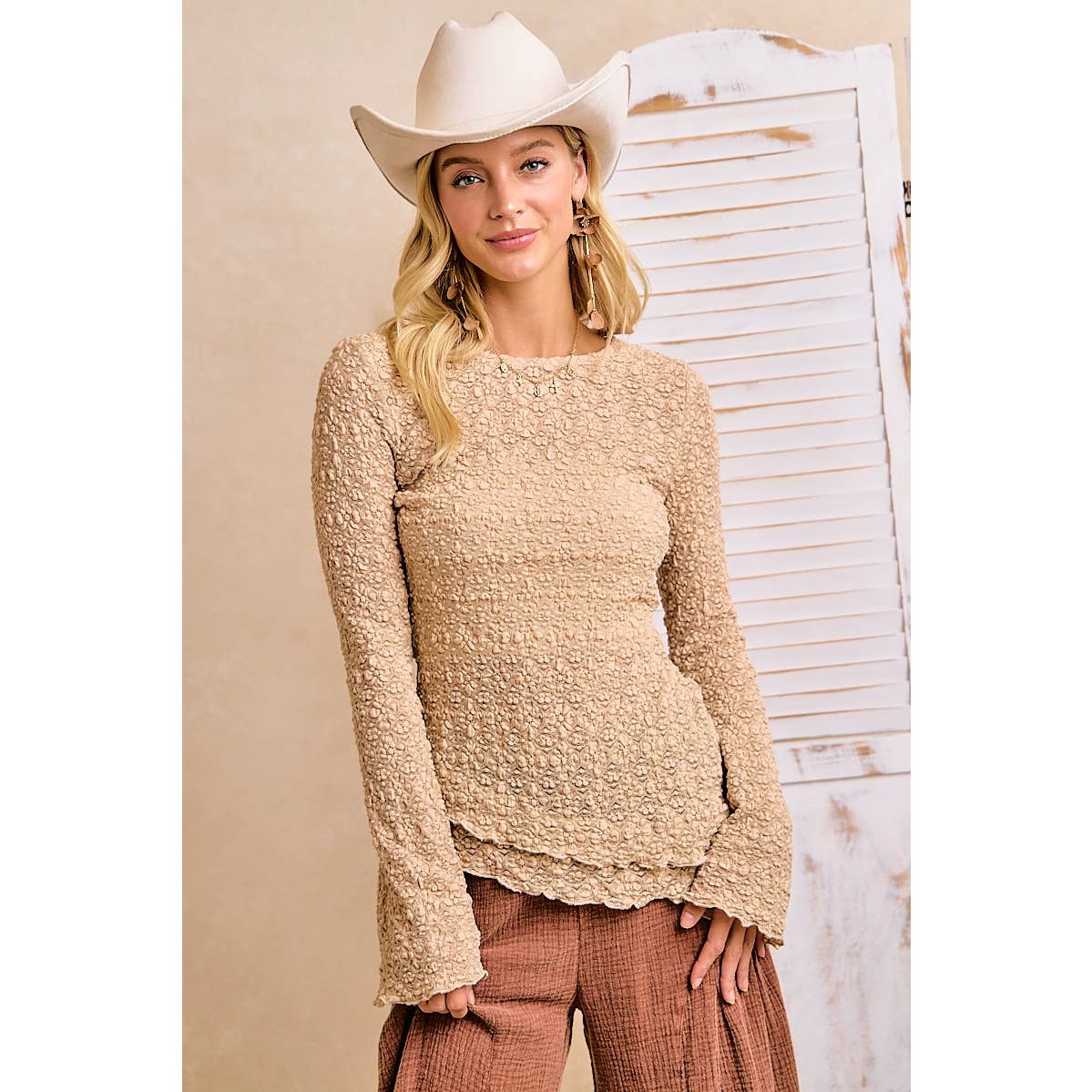 TEXTURED LACE KNIT DIAGONAL HEMLINE BELL SLEEVES TOP