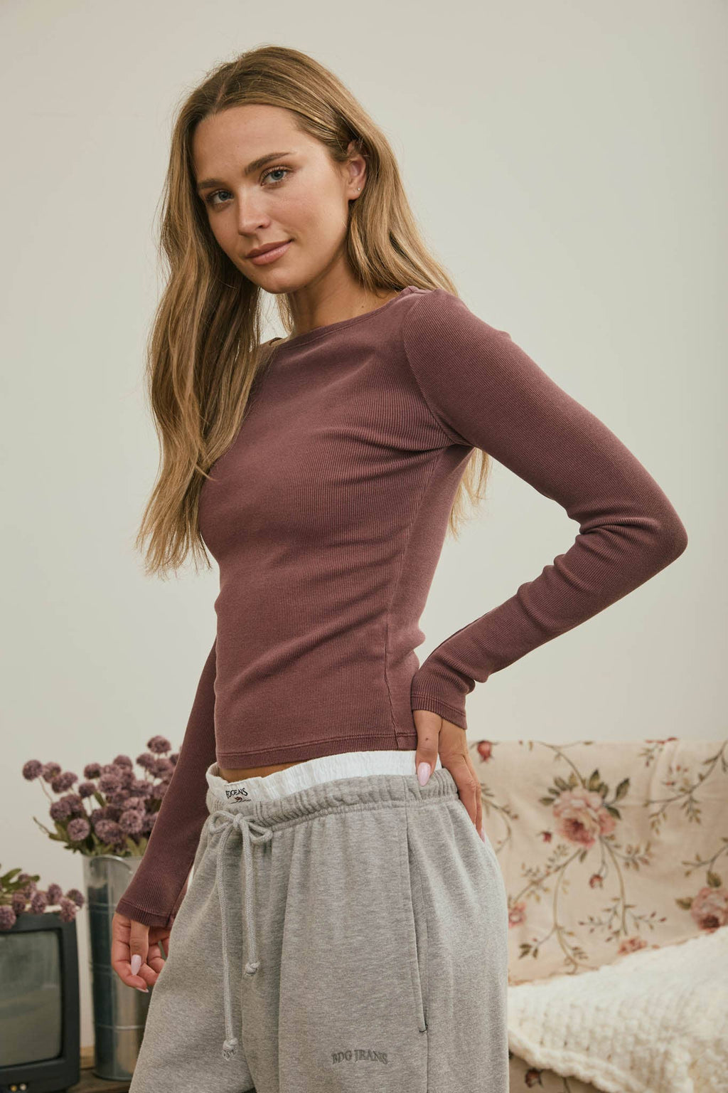 Boat Neck Ribbed Long Sleeve