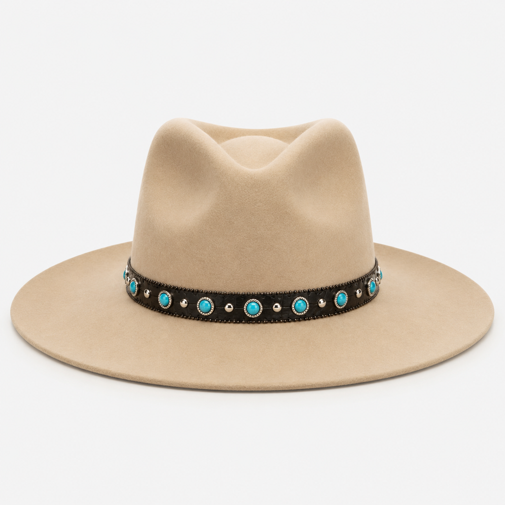 Black Vegan Leather Hat Band with Turquoise Stones