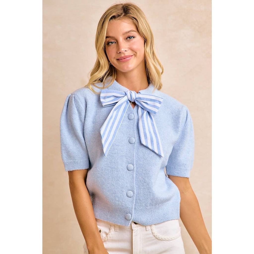 LIGHT BLUE BOW TIE SHORT SLEEVE KNIT CARDIGAN