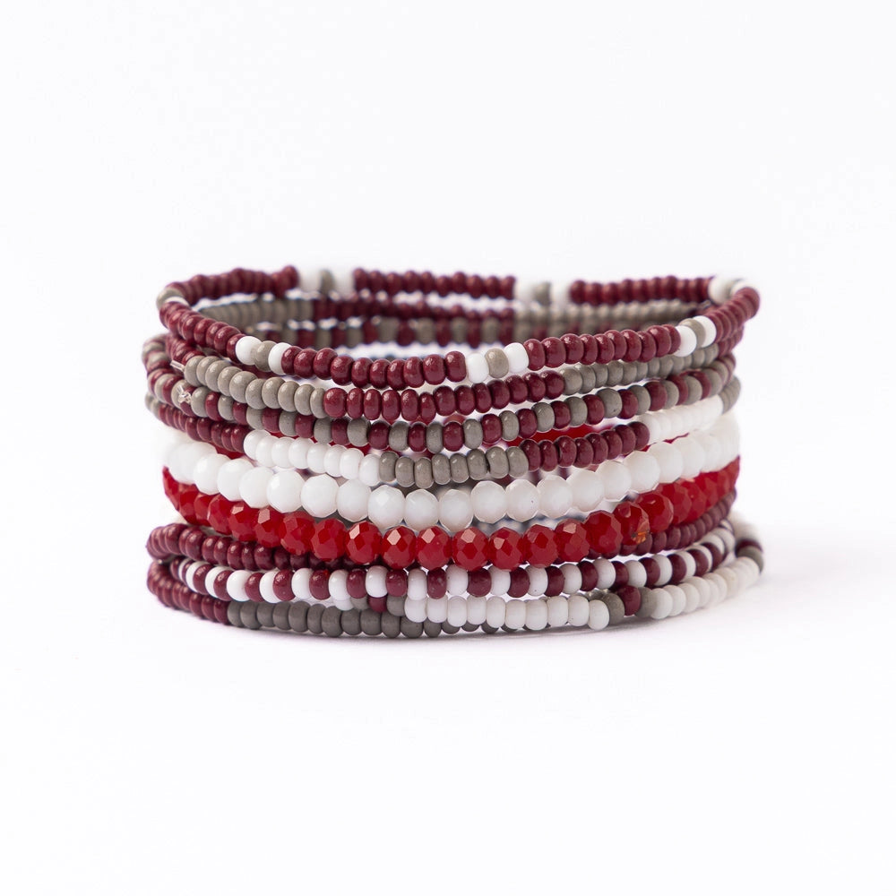 Game Day Beaded 10 Strand Stretch Bracelet Set Maroon + White