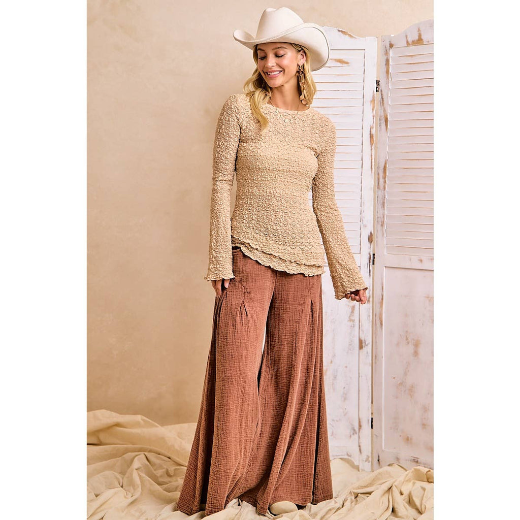 TEXTURED LACE KNIT DIAGONAL HEMLINE BELL SLEEVES TOP