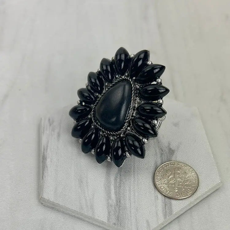 Silver Metal with Green Stone Flower Stretch Ring