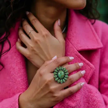 Silver Metal with Green Stone Flower Stretch Ring