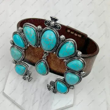 Brown Leather with Large Blue Turquoise Blossom Squash Bracelet