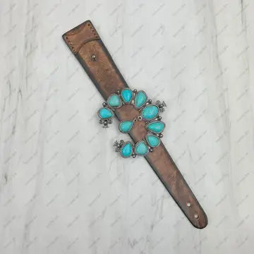 Brown Leather with Large Blue Turquoise Blossom Squash Bracelet