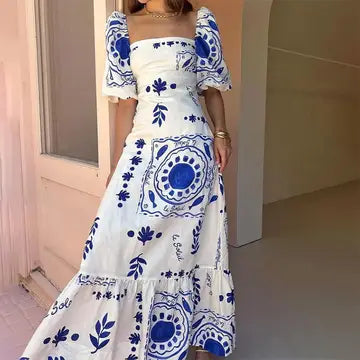 Summer Printed Lantern Sleeve A-Line Flared Dress