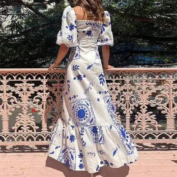 Summer Printed Lantern Sleeve A-Line Flared Dress
