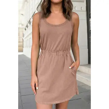Mineral Wash U Neck Elastic Waist Mini Dress |