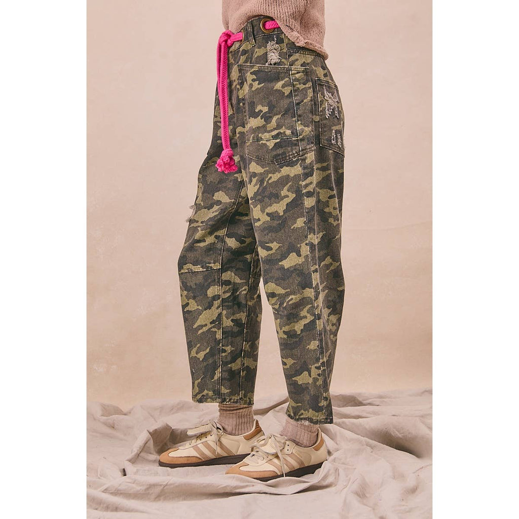 BRAIDED WAIST BELT PATCH CAMOUFLAGE PRINT PANTS