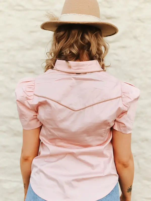 Contrast Arrow Puff Sleeve Pearl Snap