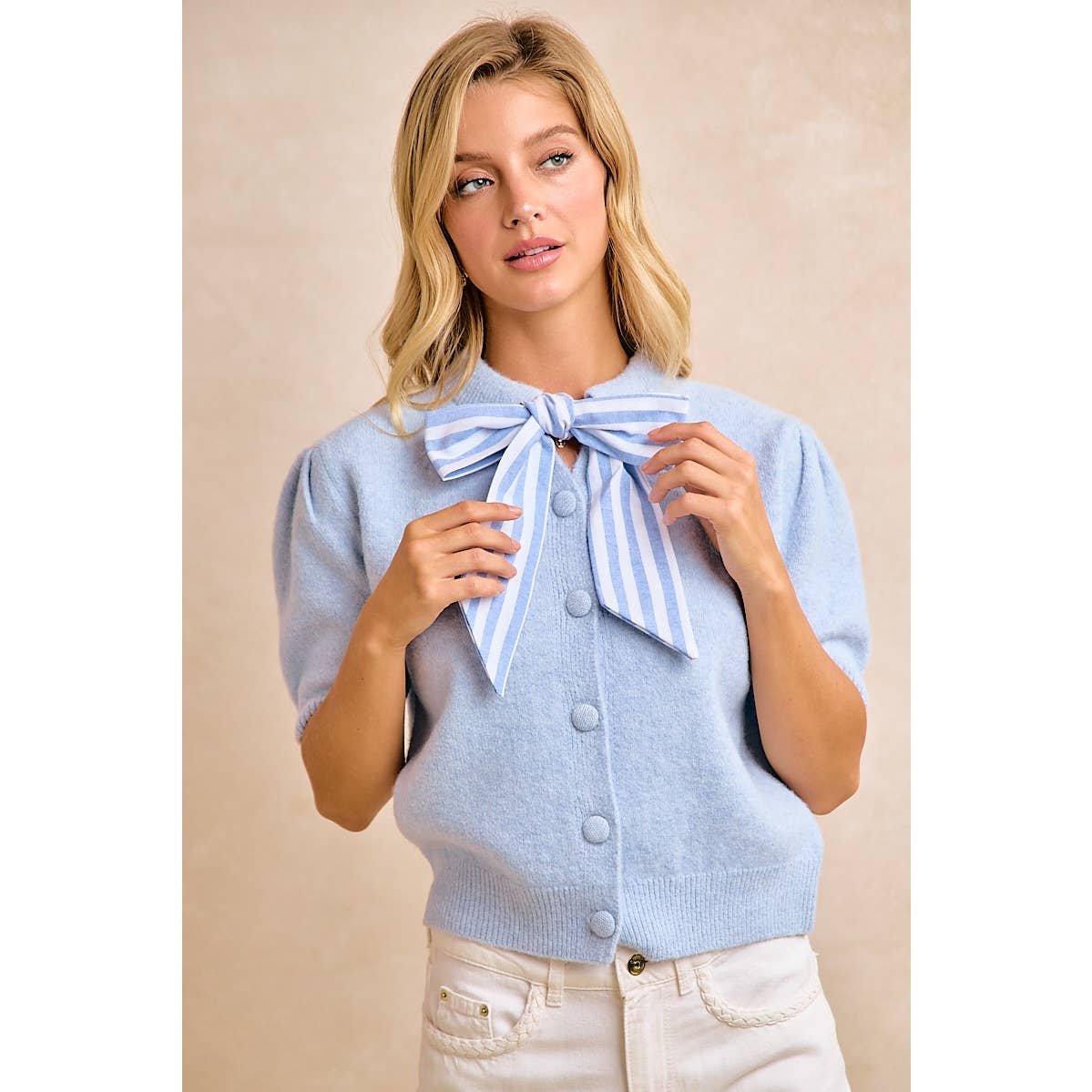 LIGHT BLUE BOW TIE SHORT SLEEVE KNIT CARDIGAN