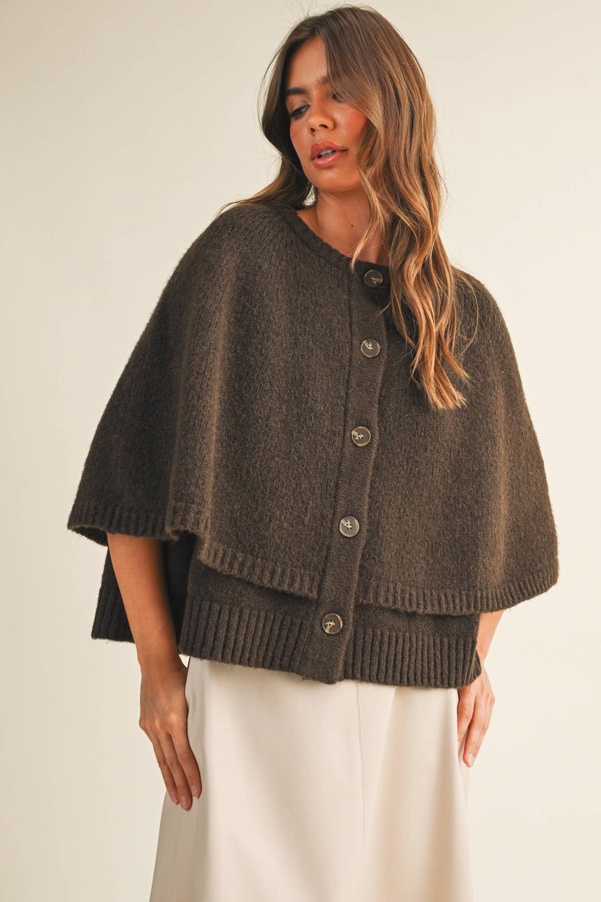 Button Front Tiered Knit Capelet