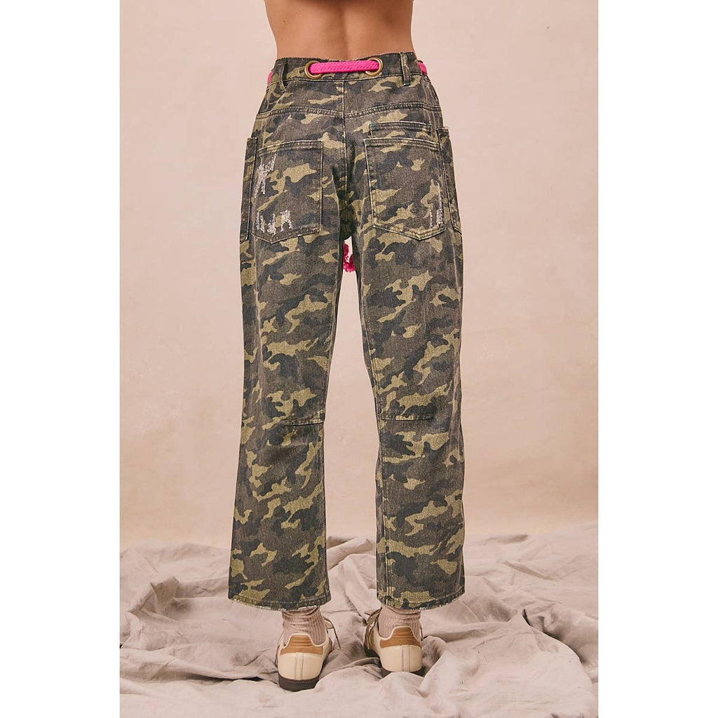 BRAIDED WAIST BELT PATCH CAMOUFLAGE PRINT PANTS