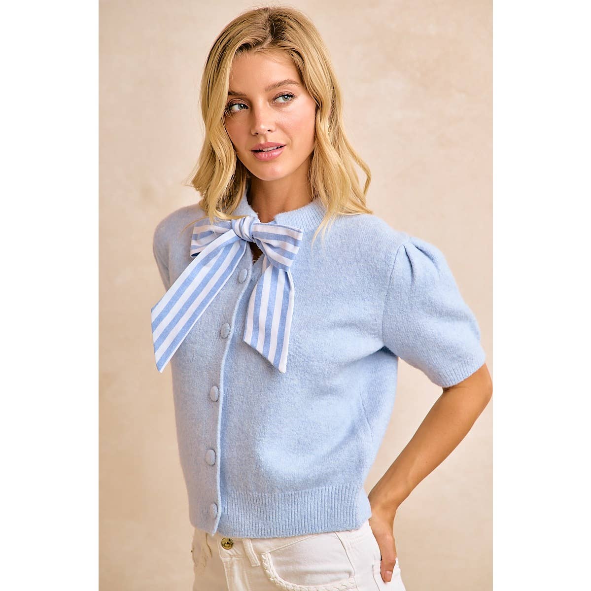 LIGHT BLUE BOW TIE SHORT SLEEVE KNIT CARDIGAN