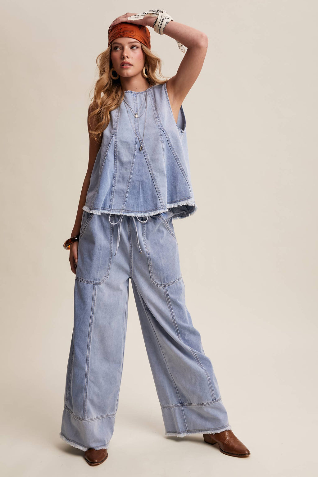 Washed Denim Wide-Leg Pants
