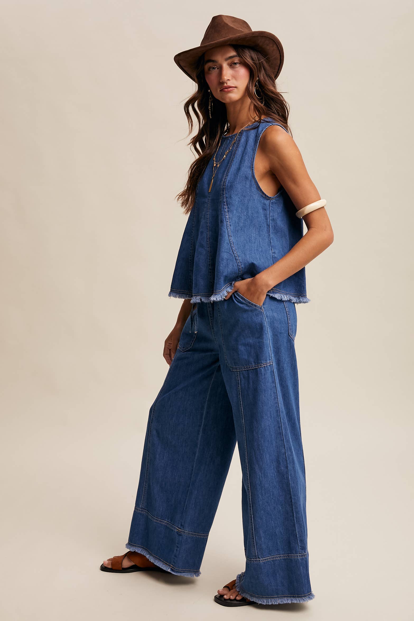Washed Denim Wide-Leg Pants