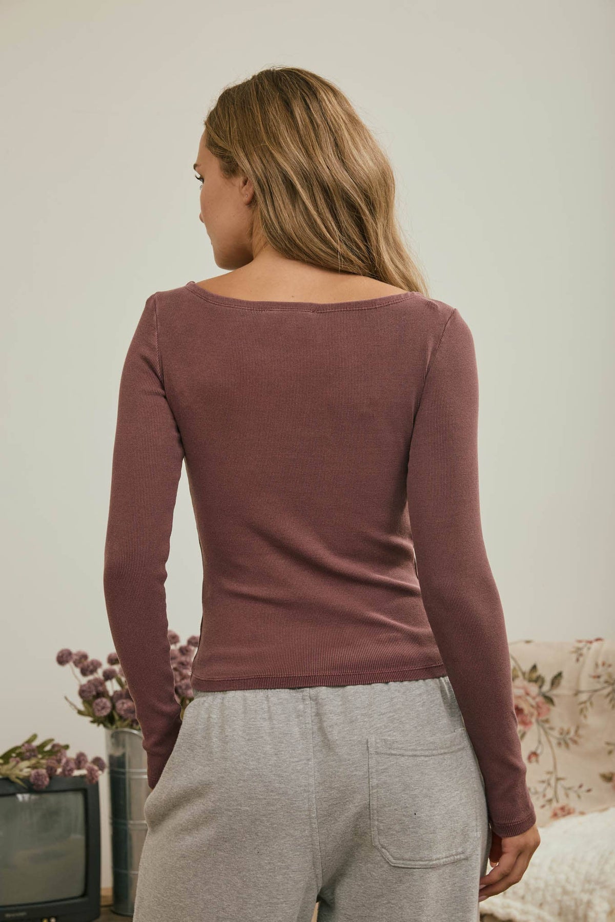 Boat Neck Ribbed Long Sleeve