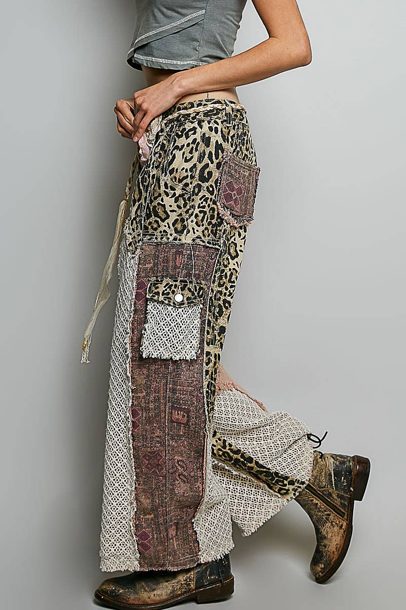 Printed patchwork detail woven twill pants