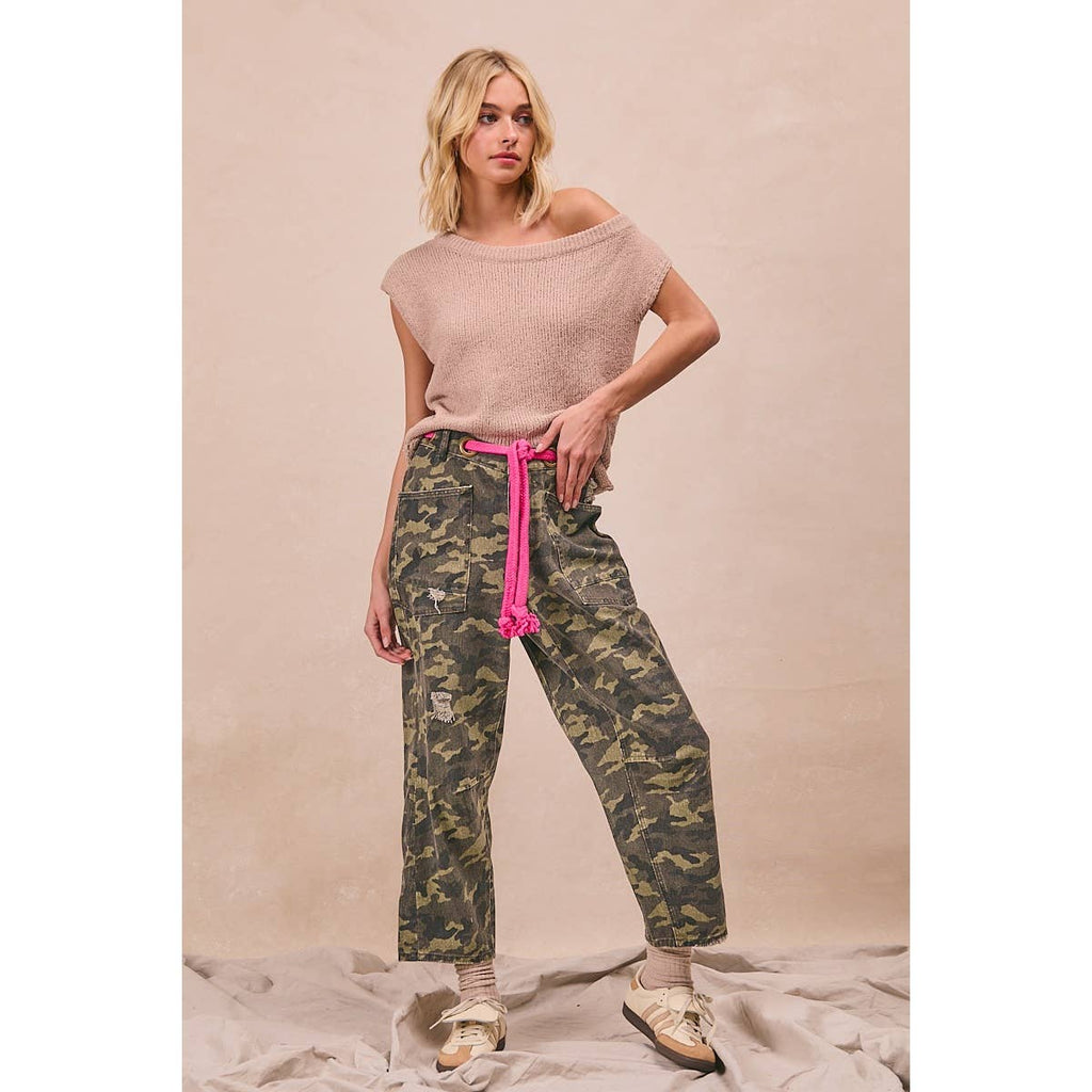 BRAIDED WAIST BELT PATCH CAMOUFLAGE PRINT PANTS