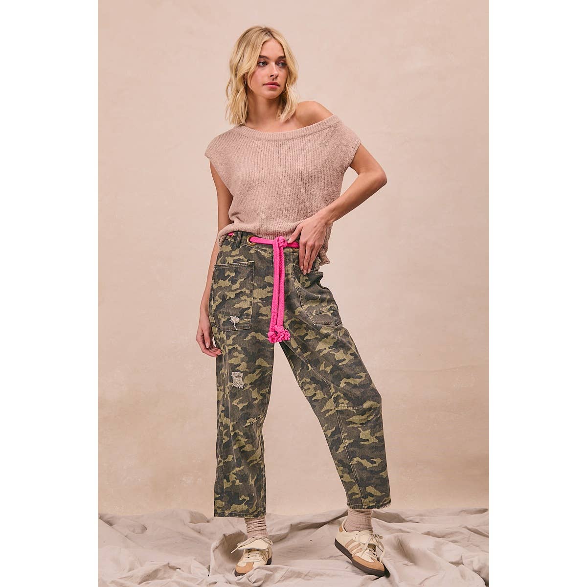 BRAIDED WAIST BELT PATCH CAMOUFLAGE PRINT PANTS