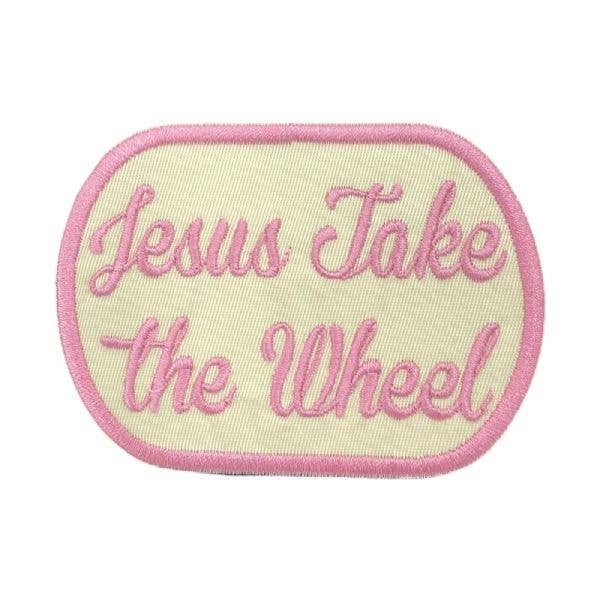Jesus Take the Wheel, Pink and Cream, Iron on Patch