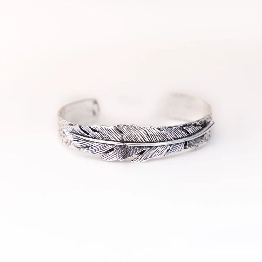 18k White Gold Plated Stamped Cuff With Feather Accent