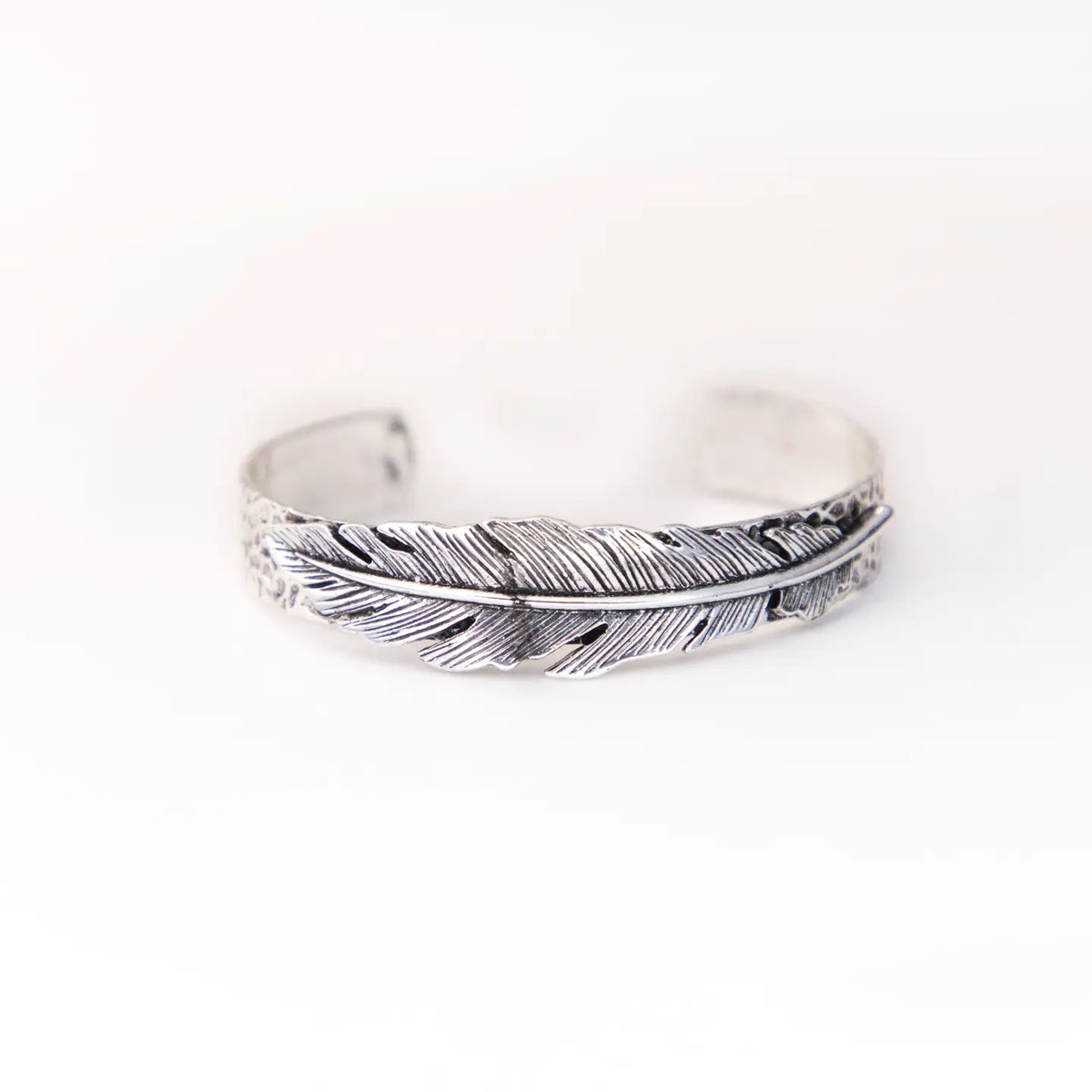 18k White Gold Plated Stamped Cuff With Feather Accent