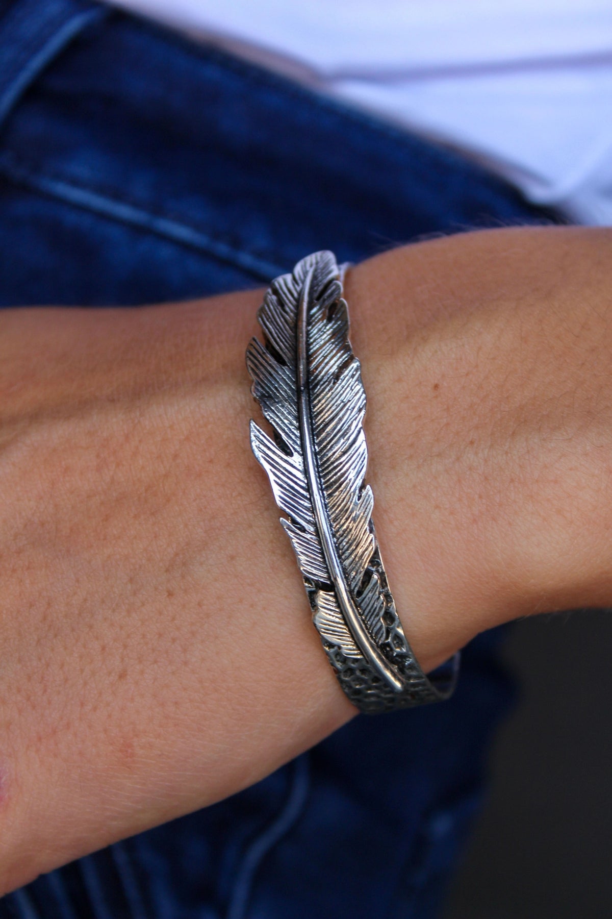 18k White Gold Plated Stamped Cuff With Feather Accent