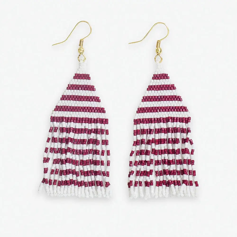 Lexie Game Day Horizontal Stripes Beaded Fringe Earrings Dark Red and White